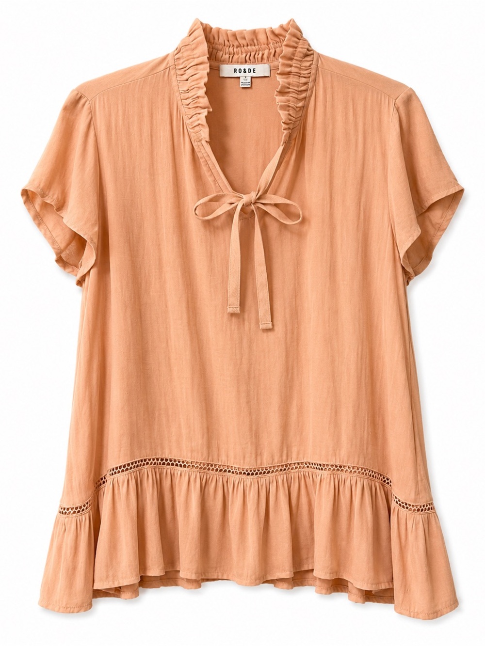 Ro&De Peach Ruffle Hem Blouse Small Boho Romantic Flutter Sleeve Tie Neck Top